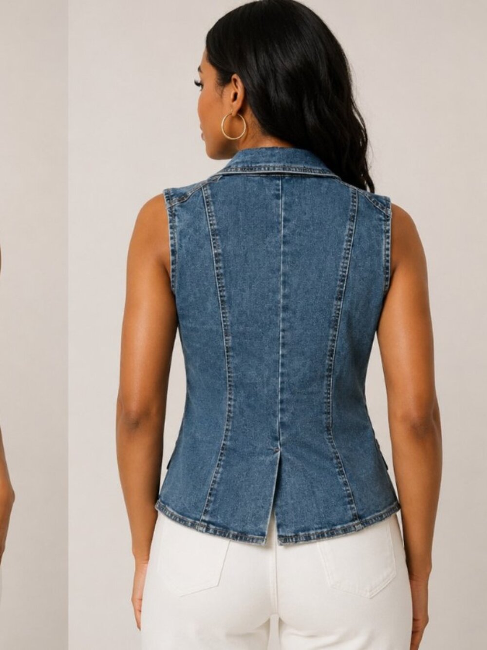 Dictionary Women's Fashion Denim Vest Blazer Double- Breasted Blue Gold Buttons - Picture 2 of 6